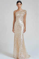 Zapaka Damen Glitzerndes Champagner Abendkleid Meerjungfrau Eine Schulter Ballkleid mit Pailletten